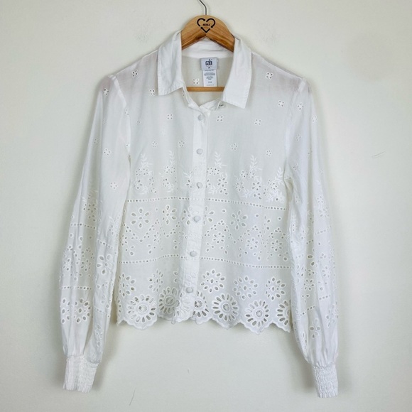 Cabi white eyelet button front top with balloon sleeves and elasticized cuffs. M - Picture 2 of 6